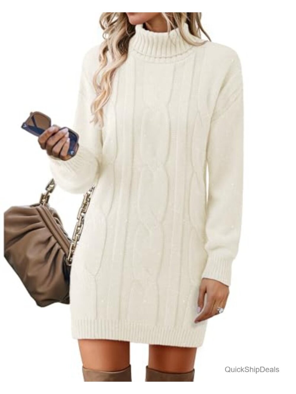 Womens Long Sleeve Turtleneck Ribbed Knit Sweater Dress Midi Casual Work